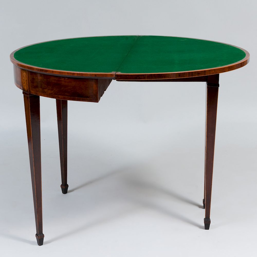 Appraisal: George III Inlaid Mahogany D-Shaped Card Table Opening to a