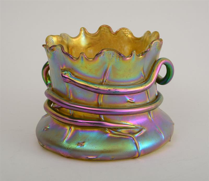 Appraisal: LOETZ TYPE GOLD IRIDESCENT GLASS BOWL With applied serpent form