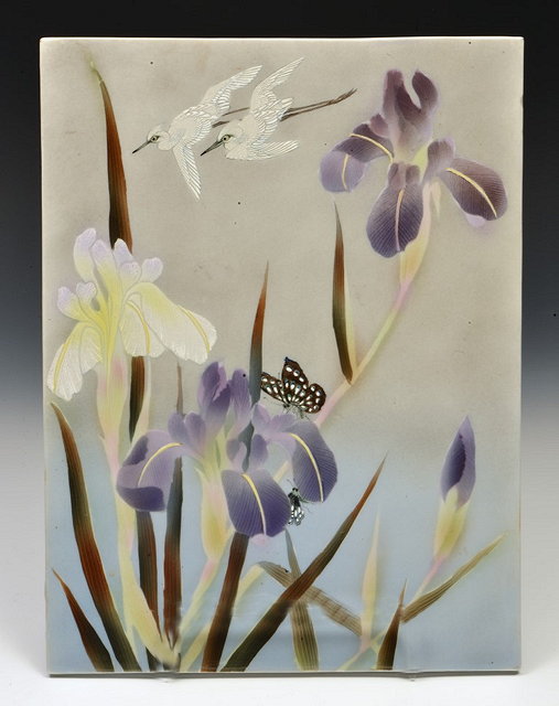 Appraisal: A JAPANESE PORCELAIN PLAQUE painted with birds butterflies and irises