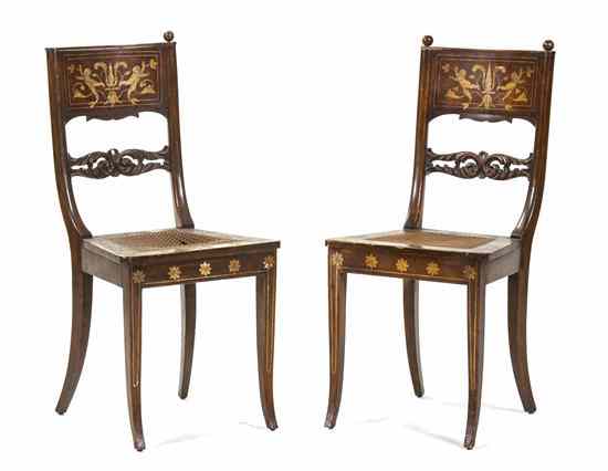 Appraisal: A Pair of Continental Marquetry Side Chairs having horizontal splats