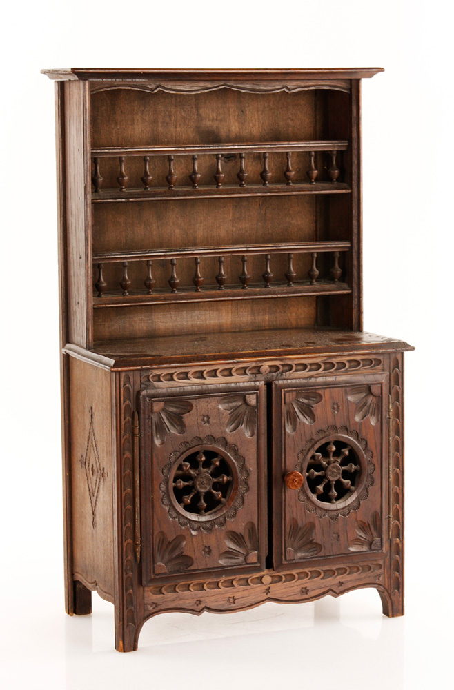 Appraisal: - Miniature Walnut Pewter Cupboard Miniature pewter cupboard walnut chip