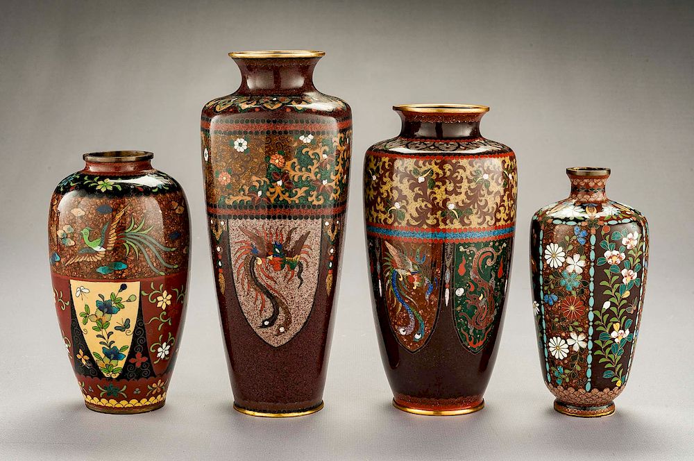 Appraisal: Japanese Cloisonne Vases with Goldstone DESCRIPTION Four Seven Japanese cloisonne