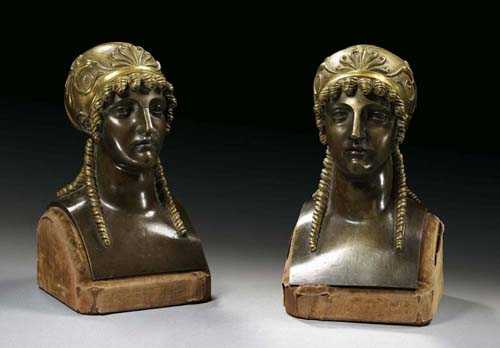 Appraisal: PAIR OF SMALL BRONZE BUSTS AUX VESTALES Empire Paris circa