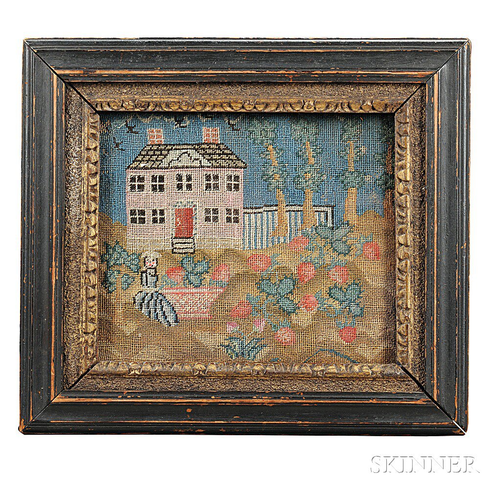 Appraisal: Needlework Picture Showing a House with Woman Sarah Pomeroy Northampton