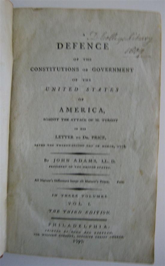 Appraisal: ADAMS JOHN A Defence of the Constitutions of Government of