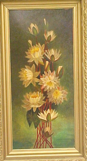 Appraisal: American oil on artist board still life of waterlilies small