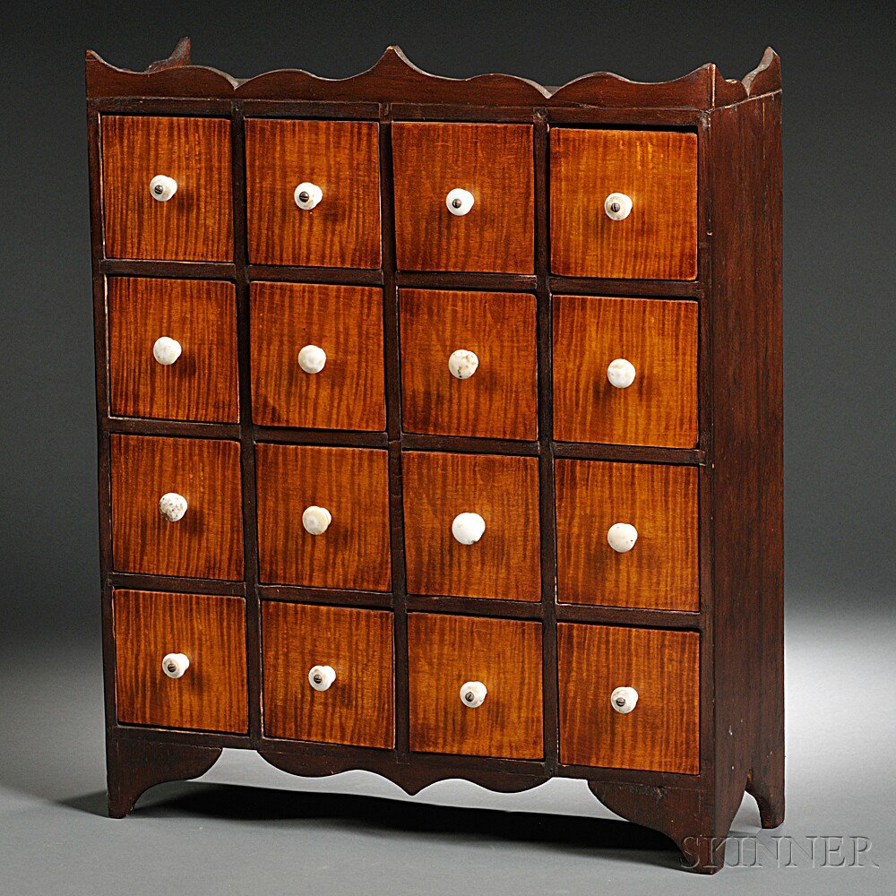 Appraisal: Small Walnut and Tiger Maple Chest of Sixteen Drawers America