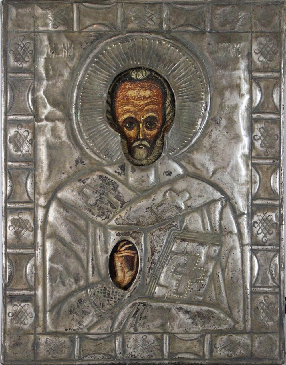 Appraisal: RUSSIAN ICON ST NICHOLAS WITH SILVER METAL OKLAD PROBABLY MID-