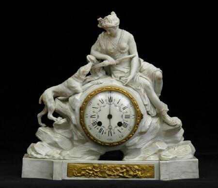 Appraisal: LOUIS XVI-STYLE BISQUE PORCELAIN FIGURAL MANTEL CLOCK The in enamel