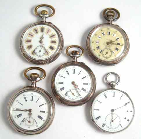 Appraisal: FIVE SWISS OR GERMAN OPENFACE POCKET WATCHES late th century