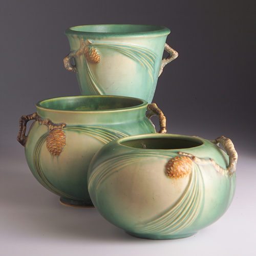 Appraisal: Three ROSEVILLE green Pine Cone pieces to include a jardiniere