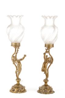 Appraisal: Pair Gilt Metal Cherbum Lamps w Frosted Shades Continental first