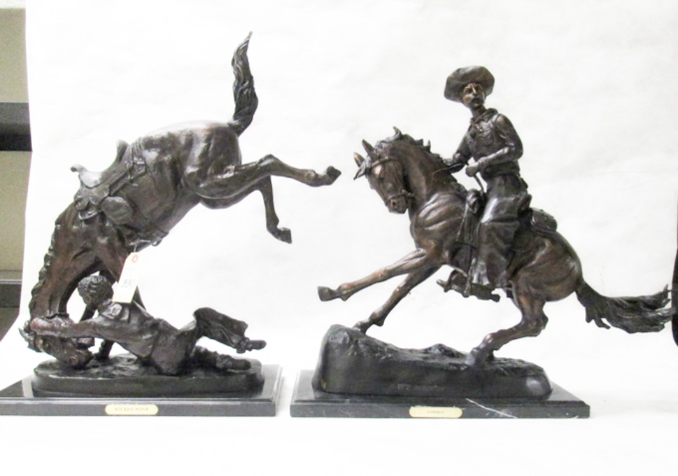 Appraisal: FOUR WESTERN BRONZE SCULPTURES after the works of Frederic Sackrider