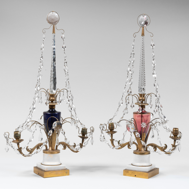 Appraisal: Pair of Scandinavian Gilt-Metal-Mounted Glass Marble and Cut-Glass Girandoles x