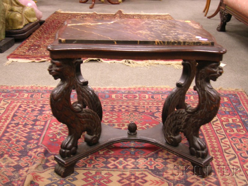 Appraisal: Italian Renaissance-style Marble-inset Carved Mahogany Stand with Carved Griffin Supports