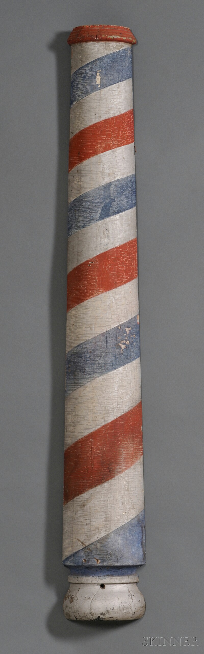 Appraisal: Painted Half-column Wooden Barber Pole America th century spiral stripes