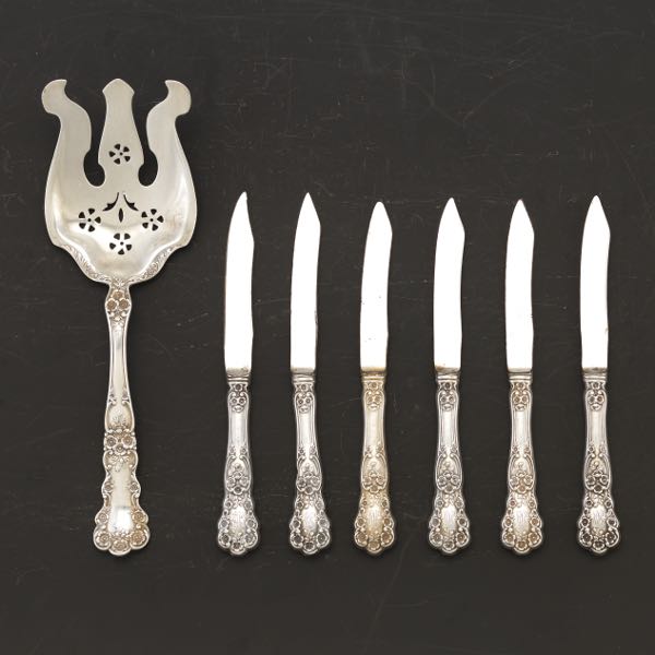 Appraisal: GORHAM STERLING SILVER SERVING FORK AND SIX FRUIT KNIVES BUTTERCUP