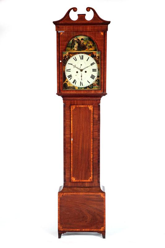 Appraisal: INLAID TALL CASE CLOCK Scotland early th century mahogany veneer