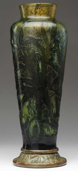 Appraisal: GALLE Tall vase acid-etched with leafy plants in clear green