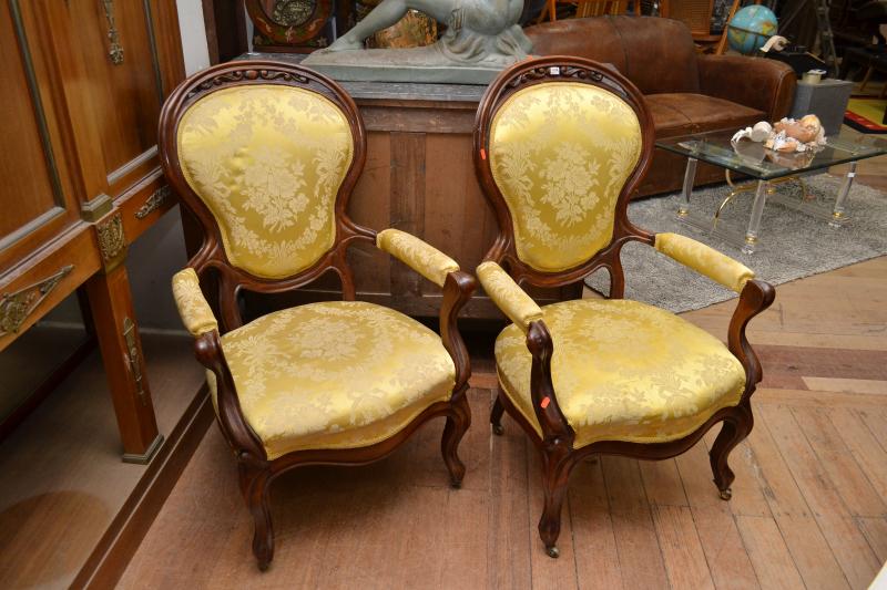 Appraisal: TWO ANTIQUE STYLE OPEN ARM CHAIRS IN YELLOW UPHOLSTERY TWO