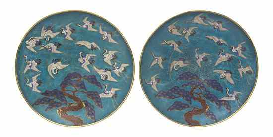 Appraisal: A Pair of Japanese Cloisonne Chargers depicting cranes in flight