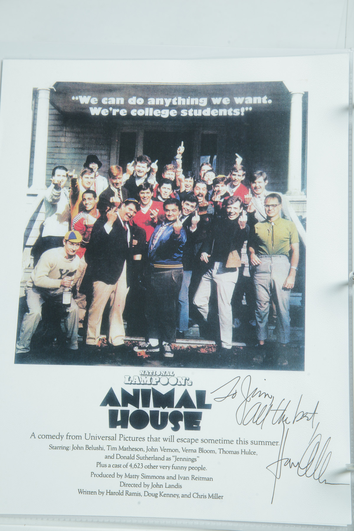 Appraisal: COLLECTION OF AUTOGRAPHS FROM ANIMAL HOUSE th century Collection includes