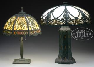 Appraisal: TWO UNSIGNED SLAG GLASS TABLE LAMPS Eight panel shade with