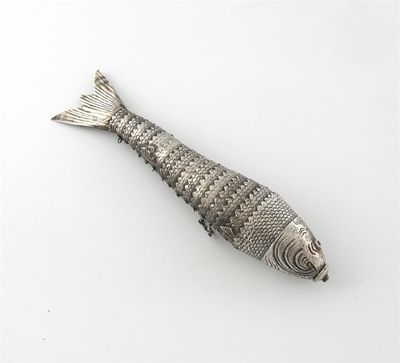 Appraisal: A th century continental silver articulated fish flask unmarked conventional