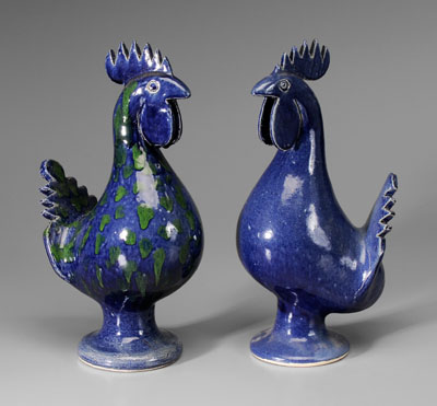 Appraisal: Two Edwin Meaders Blue Roosters Georgia th century stoneware one