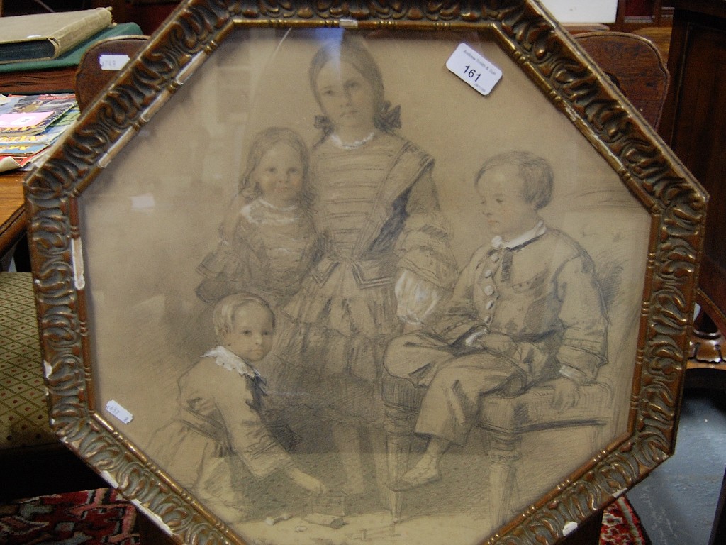 Appraisal: Victorian octagonal pencil study of children playing with heightening cm