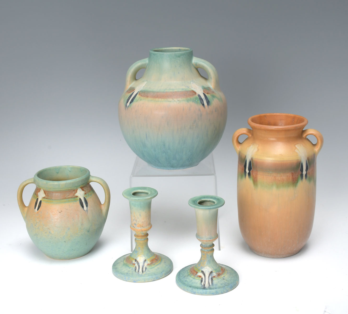 Appraisal: PC ROSEVILLE POTTERY ''MONTICELLO'' COLLECTION Comprising - Candlesticks - Vases