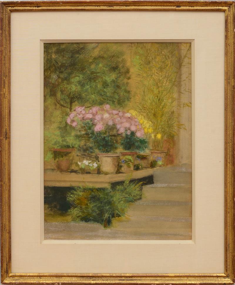 Appraisal: TH CENTURY SCHOOL FLOWERS BY THE STEPS Pastel on paperboard