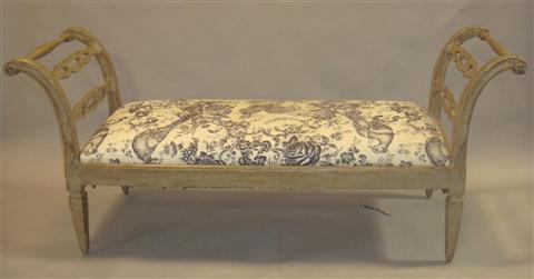 Appraisal: FRENCH PROVINCIAL STYLE SETTEE WITH TOILE UPHOLSTERY the padded bench