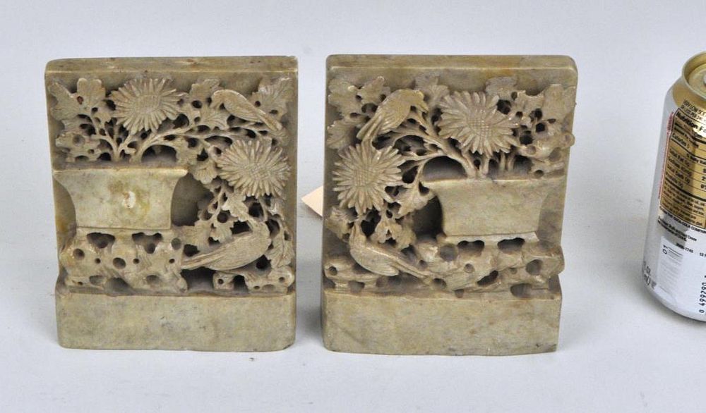 Appraisal: Pair of Chinese Carved Hardstone Bookends pale green stone carved