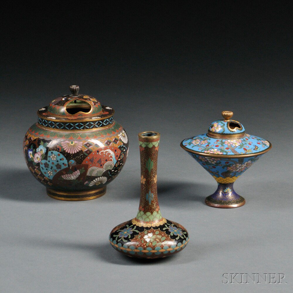 Appraisal: Three Cloisonne Items Japan th century an ovoid covered censer