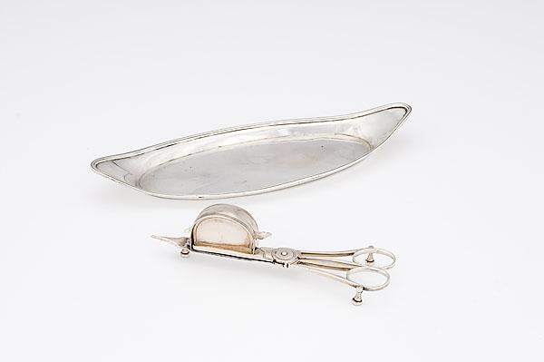 Appraisal: GEORGE III SILVER CANDLE SNUFFER AND TRAY English snuffer with