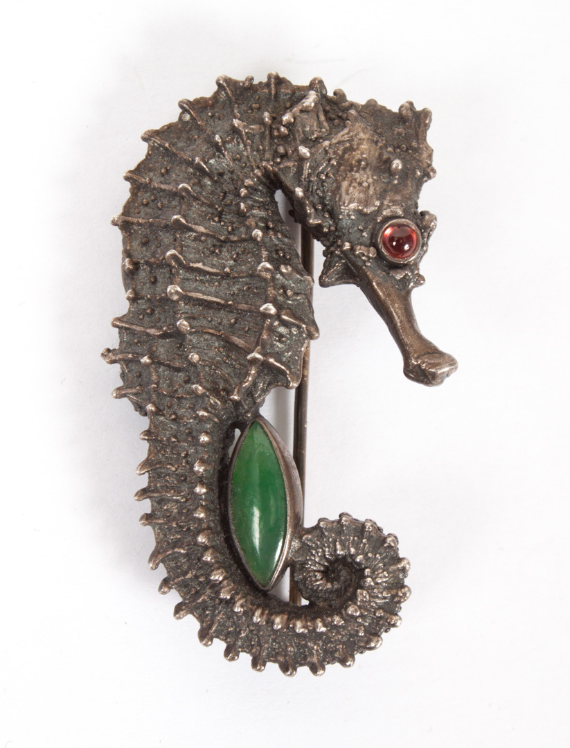 Appraisal: Carl Schon sterling and jade Seahorse brooch with a red