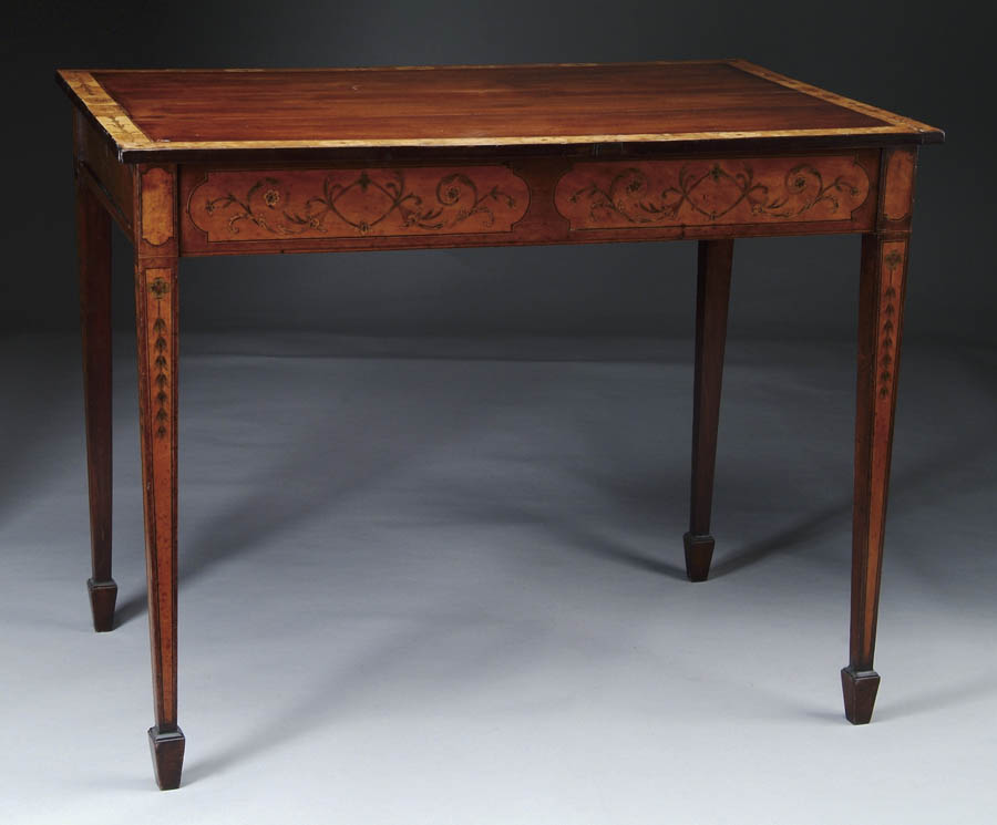 Appraisal: ENGLISH INLAID MAHOGANY TWO DRAWER TABLE Top having a -