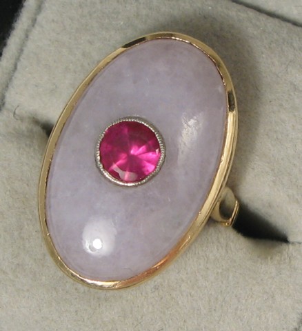 Appraisal: LAVENDER JADE AND SYNTHETIC RUBY RING The k yellow gold