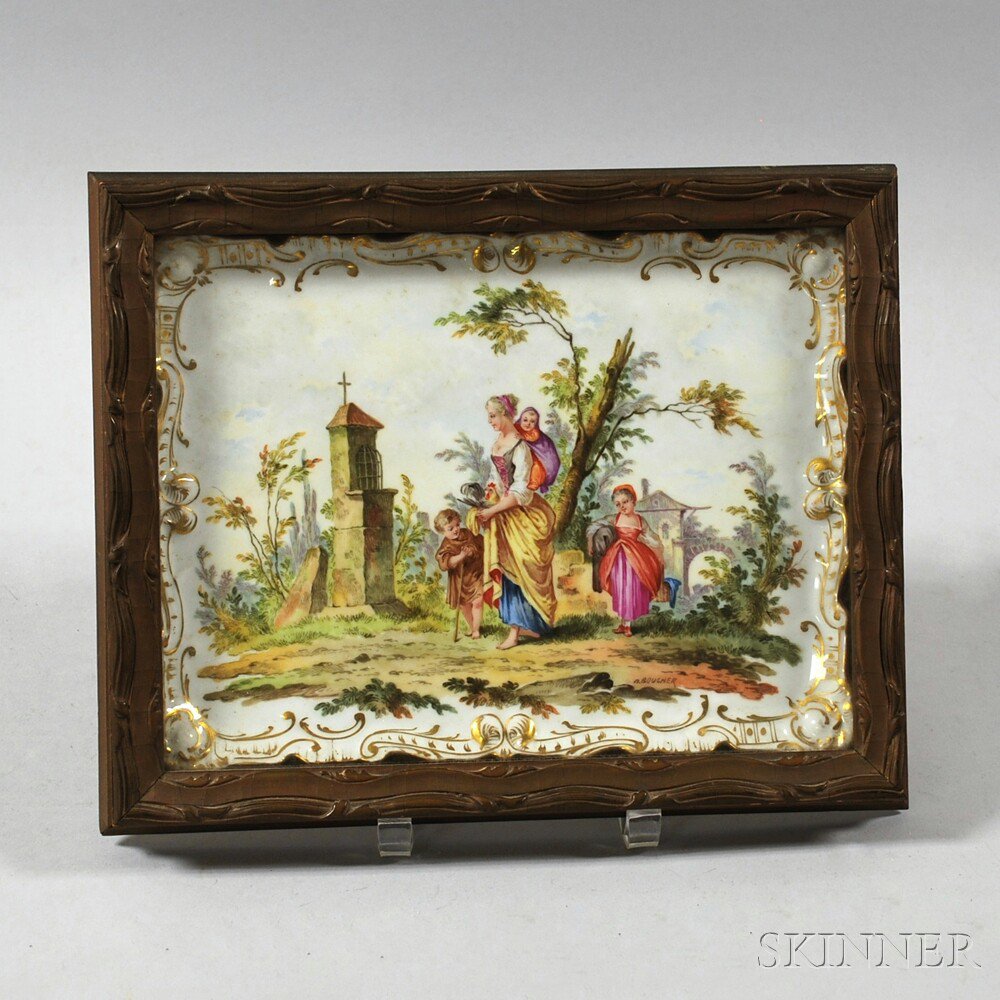 Appraisal: Continental Framed and Hand-painted Porcelain Plaque th century with gilt