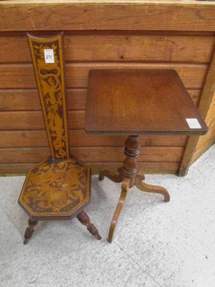 Appraisal: ANTIQUE CHAIR AND SIDE TABLE plank-back stool with folk art