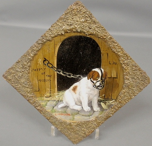 Appraisal: - Oil on pressed board painting of a muzzled puppy