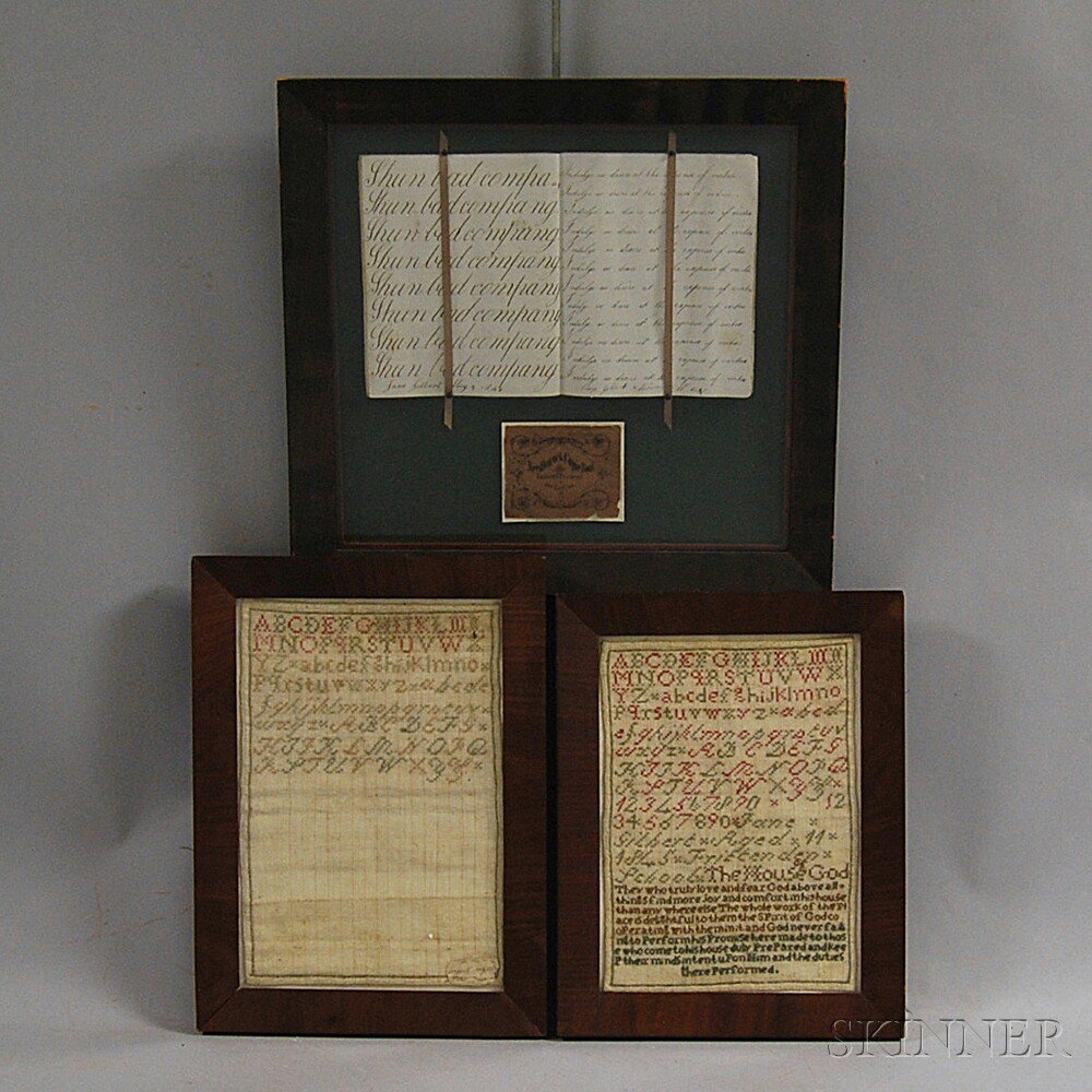 Appraisal: Three Framed Jane Gilbert Schoolgirl-related Items mid- th century a