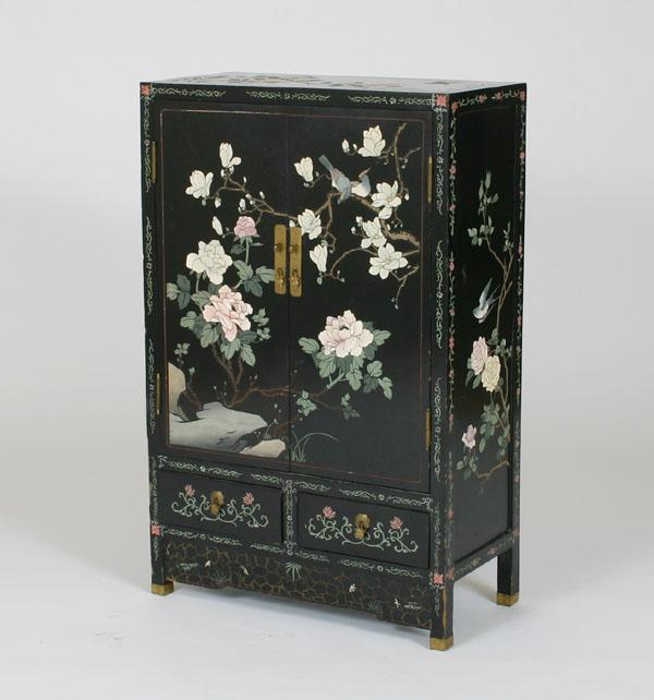 Appraisal: Asian lacquered cabinet embossed floral and bird decoration painted accents