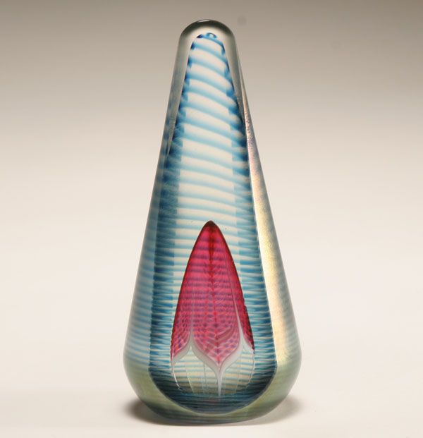 Appraisal: Abelman blue iridescent obelisk studio glass paperweight The form with