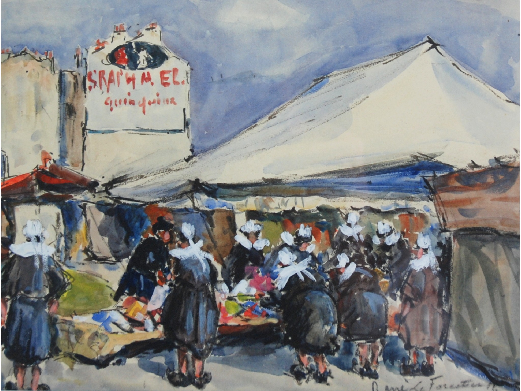 Appraisal: RENE LEFORESTIER French - BRETON MARKET A FRENCH BEACHGouache watercolour