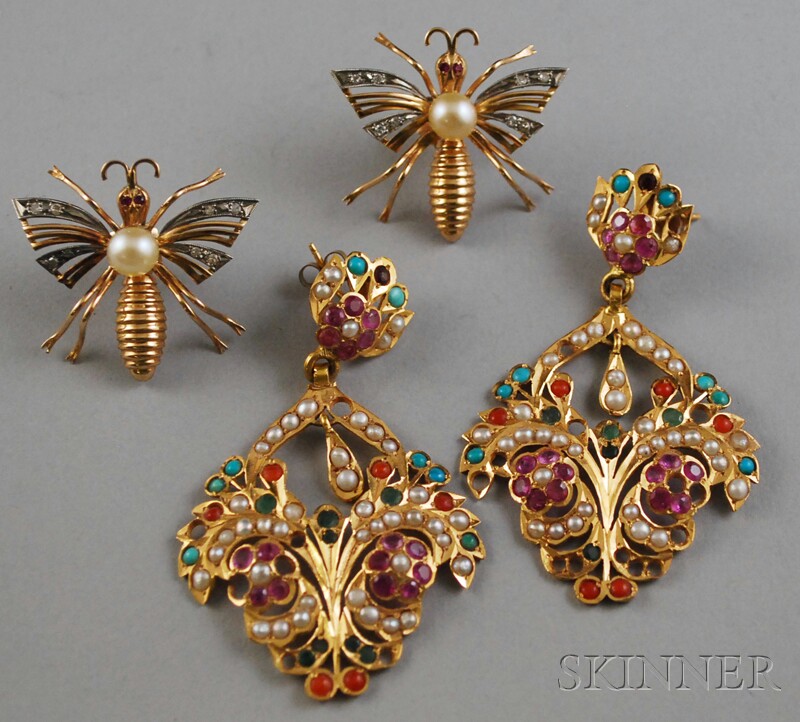 Appraisal: Two Pairs of Gold Gem-set Earrings a pair of high-karat