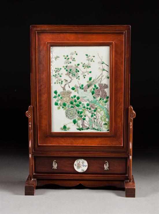 Appraisal: Chinese rosewood table screen with inset Famille Verte porcelain plaques