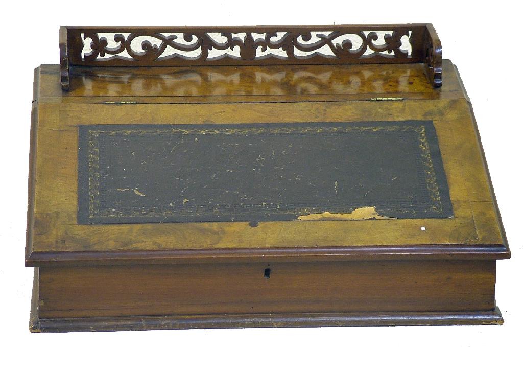 Appraisal: Victorian burr walnut writing slope the pierced fretwork gallery over