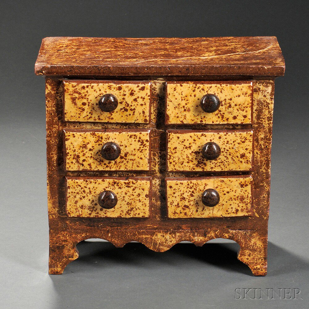 Appraisal: Miniature Glazed Redware Chest of Six Drawers possibly America th